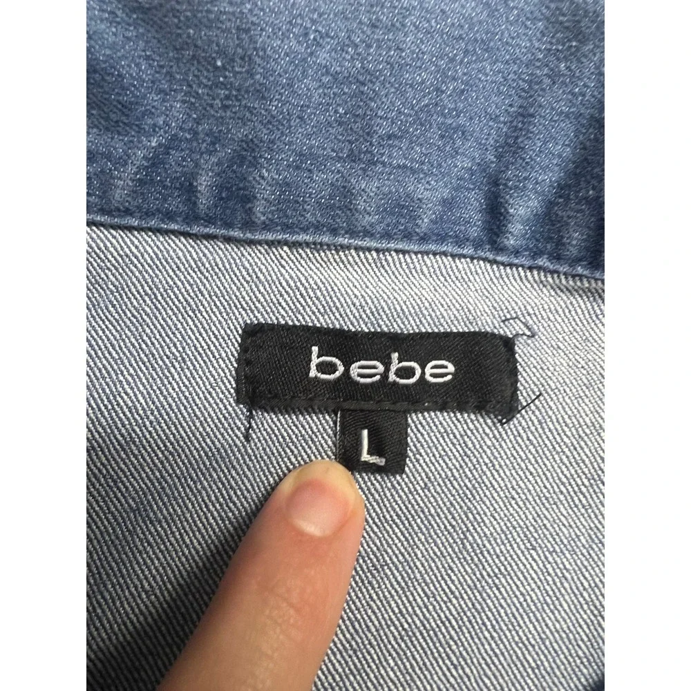 Vintage Bebe Sleeveless Denim Midi Dress Size L Stretch Y2K Western Utility - Picture 5 of 11